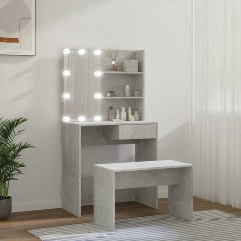 vidaXL Dressing Table Set with LED Concrete Grey Engineered Wood