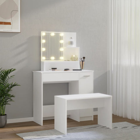 vidaXL Dressing Table Set with LED White Engineered Wood