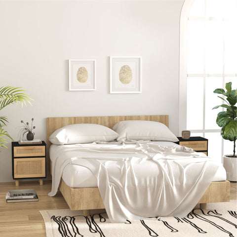 vidaXL Bedside Cabinet Black Solid Wood Pine and Natural Rattan