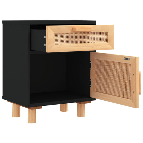 vidaXL Bedside Cabinet Black Solid Wood Pine and Natural Rattan