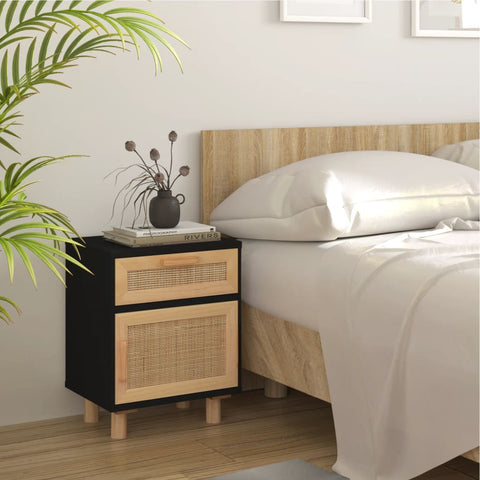 vidaXL Bedside Cabinets 2 pcs Black Solid Wood Pine and Natural Rattan