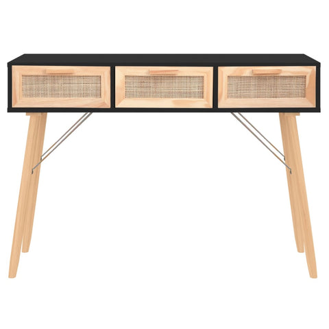 vidaXL Console Table Black 105x30x75 cm Solid Wood Pine&Natural Rattan