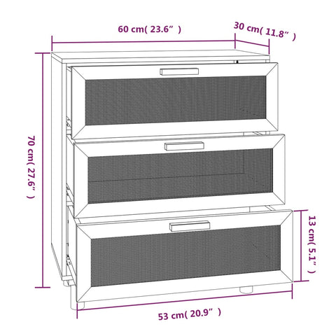 vidaXL Sideboard Black 60x30x70 cm Solid Wood Pine and Natural Rattan