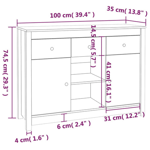 vidaXL Sideboard 100x35x74,5 cm Solid Wood Pine