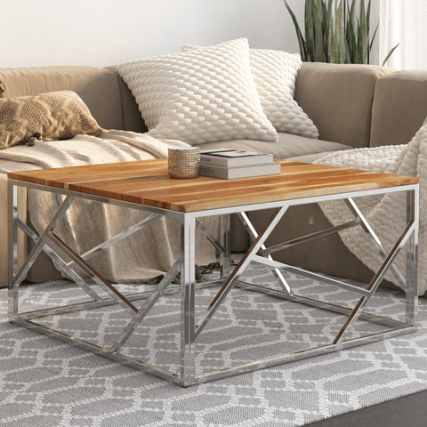 vidaXL Coffee Table Silver Stainless Steel and Solid Acacia Wood