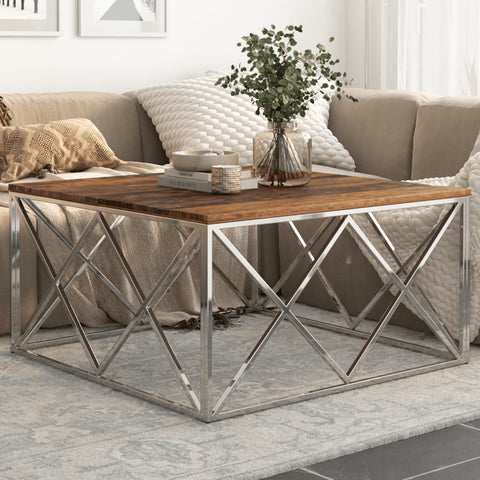 vidaXL Coffee Table Silver Stainless Steel and Solid Sleeper Wood