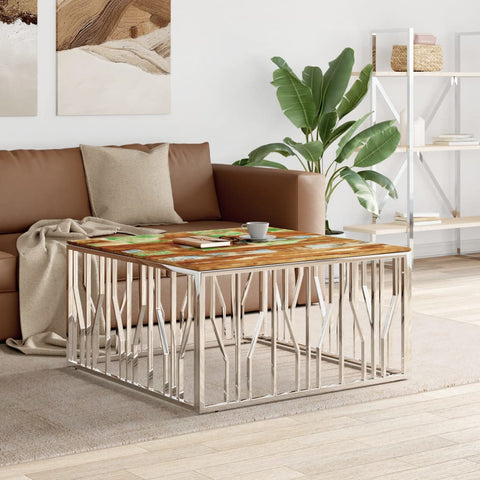 vidaXL Coffee Table Silver Stainless Steel and Solid Wood Reclaimed