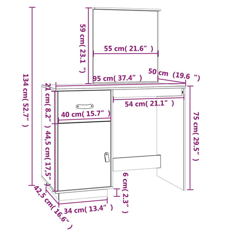 vidaXL Dressing Table White 95x50x134 cm Solid Wood Pine