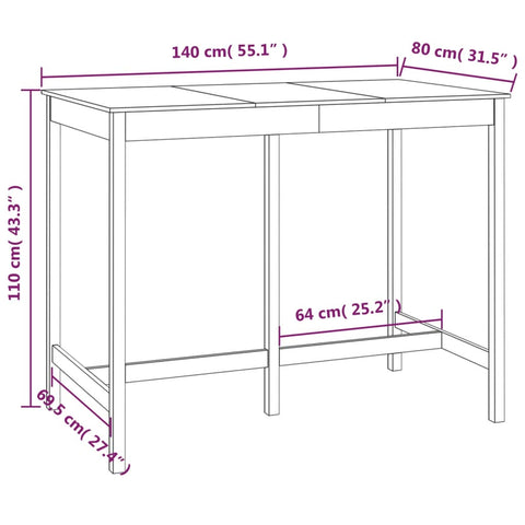 vidaXL Bar Table 140x80x110 cm Solid Wood Pine