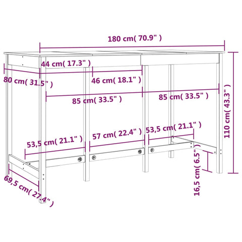 vidaXL Bar Table White 180x80x110 cm Solid Wood Pine
