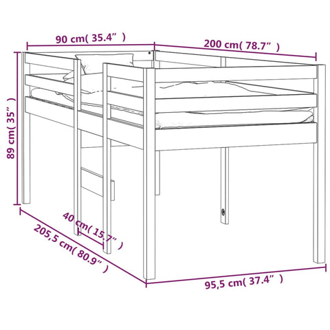 vidaXL High Sleeper Bed without Mattress White 90x200 cm Solid Wood Pine