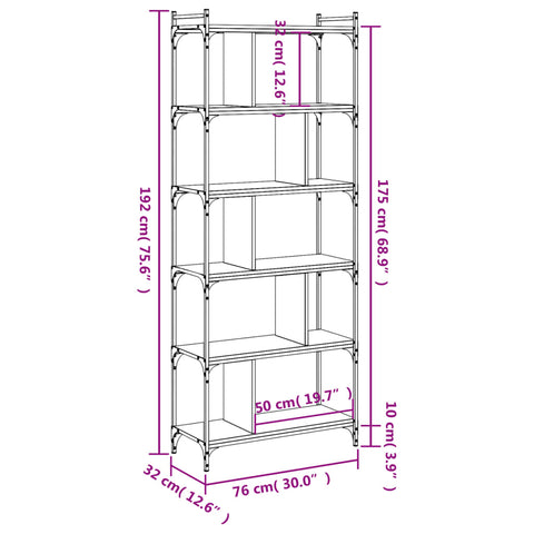 vidaXL Bookcase 6-Tier Grey Sonoma 76x32x192 cm Engineered Wood