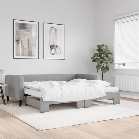 vidaXL Daybed with Trundle and Mattresses Light Grey 90x190 cm Fabric