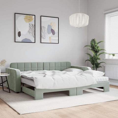 vidaXL Daybed with Trundle and Mattresses Light Grey 90x190 cm Velvet