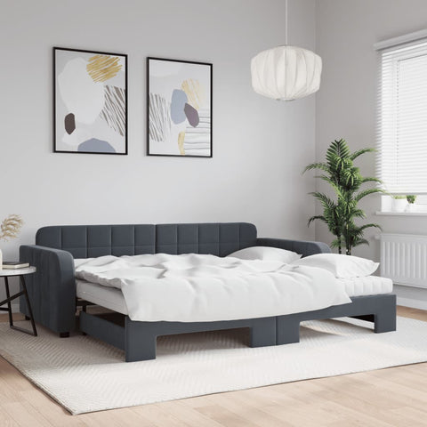vidaXL Daybed with Trundle and Mattresses Dark Grey 90x190 cm Velvet