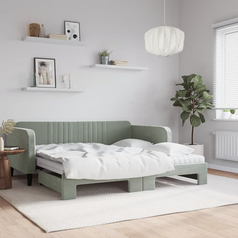 vidaXL Daybed with Trundle and Mattresses Light Grey 90x190 cm Velvet