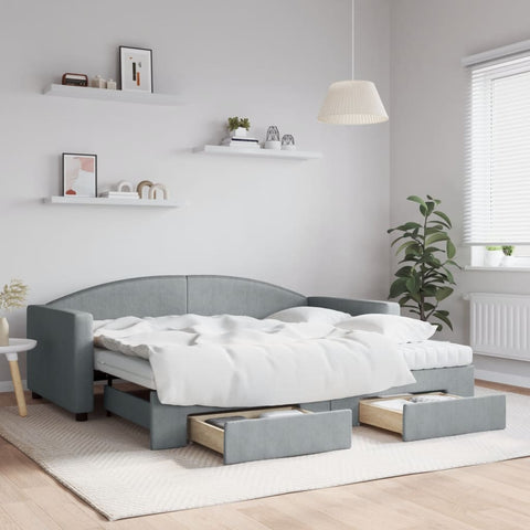 vidaXL Daybed with Trundle and Drawers Light Grey 90x190 cm Fabric