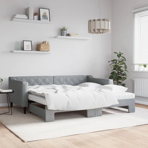 vidaXL Daybed with Trundle and Mattresses Light Grey 90x190 cm Fabric
