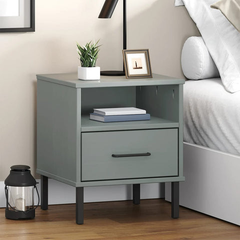 vidaXL Bedside Cabinet with Metal Legs Grey Solid Wood Pine OSLO