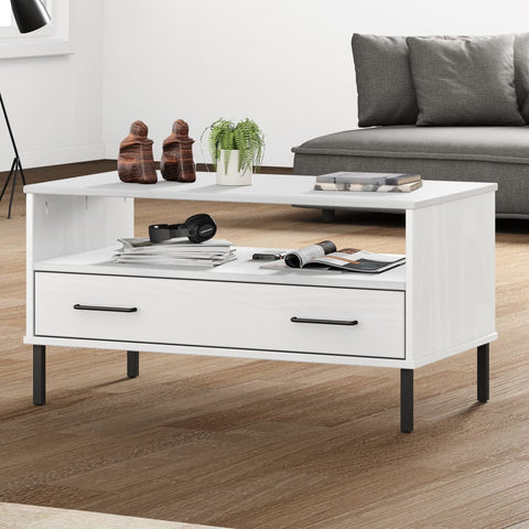 vidaXL Coffee Table with Metal Legs White 85x50x45cm Solid Wood OSLO
