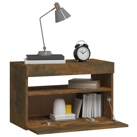 vidaXL Bedside Cabinet with LED Lights Smoked Oak 60x35x40 cm