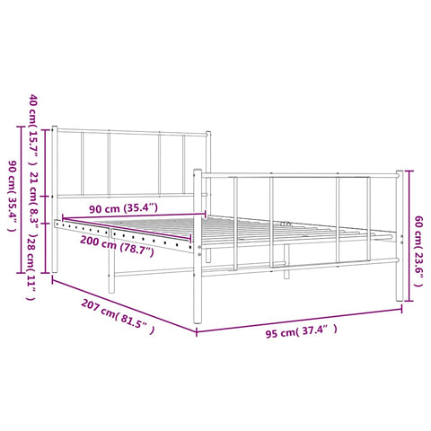 vidaXL Metal Bed Frame without Mattress with Footboard White 90x200cm