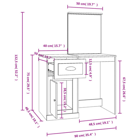 vidaXL Dressing Table with Mirror White 90x50x132.5 cm Engineered Wood
