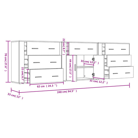 vidaXL Sideboards 3 pcs Sonoma Oak Engineered Wood