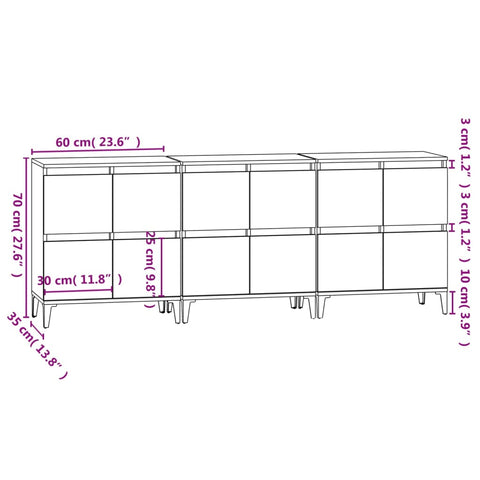 vidaXL Sideboards 3 pcs Smoked Oak 60x35x70 cm Engineered Wood