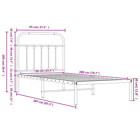 vidaXL Metal Bed Frame without Mattress with Headboard Black 90x200cm
