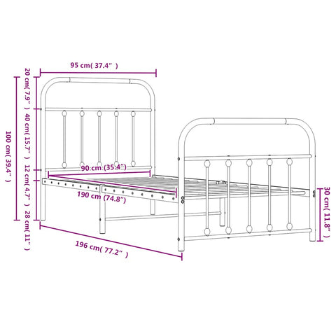 vidaXL Metal Bed Frame without Mattress with Footboard Black 90x190cm