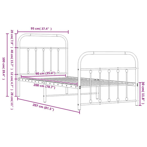 vidaXL Metal Bed Frame without Mattress with Footboard Black 90x200cm