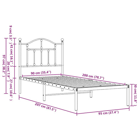 vidaXL Metal Bed Frame without Mattress with Headboard Black 90x200cm