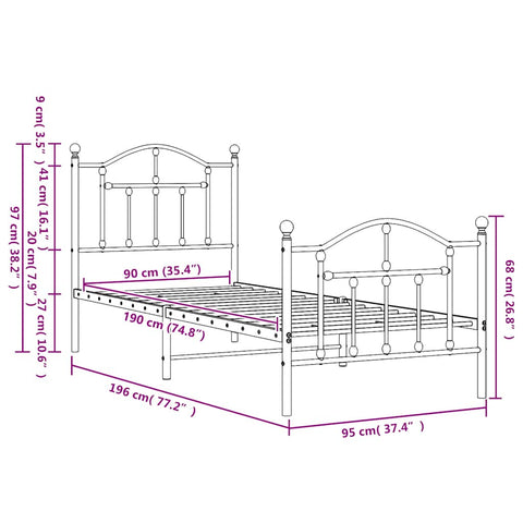 vidaXL Metal Bed Frame without Mattress with Footboard Black 90x190cm