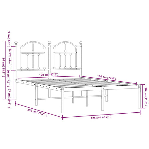 vidaXL Metal Bed Frame without Mattress with Headboard White 120x190cm