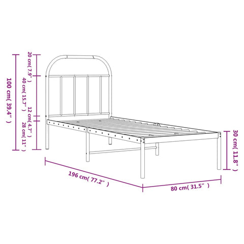 vidaXL Metal Bed Frame without Mattress with Headboard Black 75x190cm