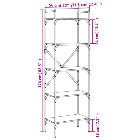 vidaXL Bookcase 5-Tier Grey Sonoma 56x31.5x174 cm Engineered Wood