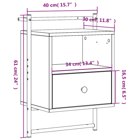 vidaXL Bedside Cabinet Wall-mounted Smoked Oak 40x30x61 cm Engineered Wood