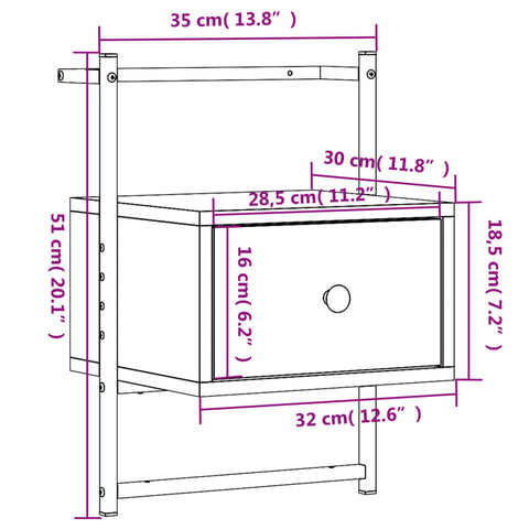 vidaXL Bedside Cabinet Wall-mounted Smoked Oak 35x30x51 cm Engineered Wood