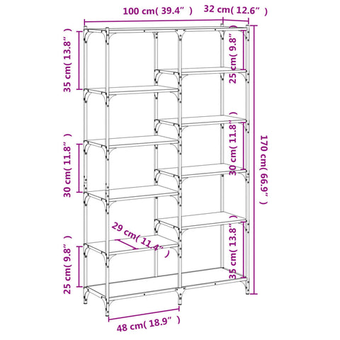 vidaXL Bookshelf Grey Sonoma 100x32x170 cm Engineered Wood and Iron
