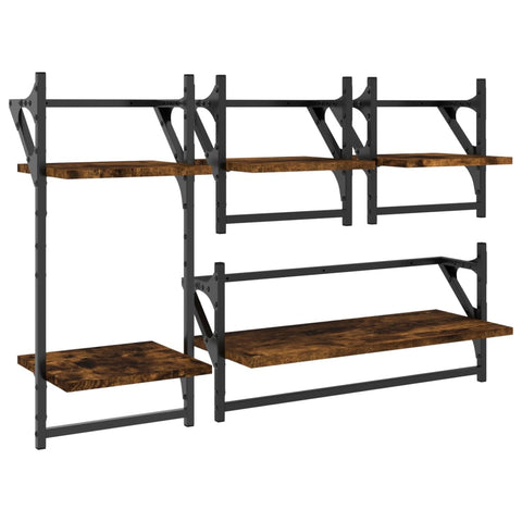 vidaXL 4 Piece Wall Shelf Set with Bars Smoked Oak Engineered Wood