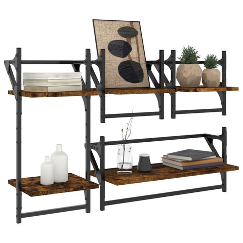 vidaXL 4 Piece Wall Shelf Set with Bars Smoked Oak Engineered Wood
