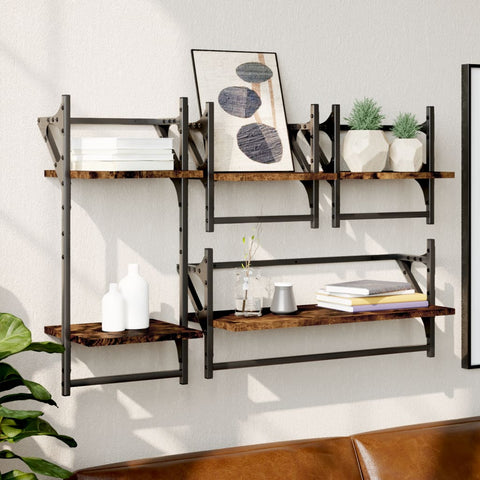 vidaXL 4 Piece Wall Shelf Set with Bars Smoked Oak Engineered Wood