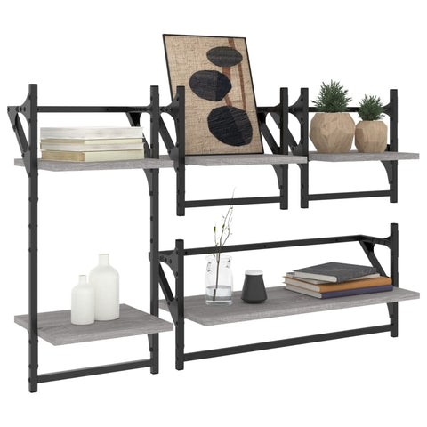 vidaXL 4 Piece Wall Shelf Set with Bars Grey Sonoma Engineered Wood