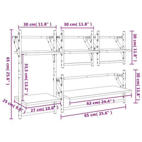 vidaXL 4 Piece Wall Shelf Set with Bars Grey Sonoma Engineered Wood