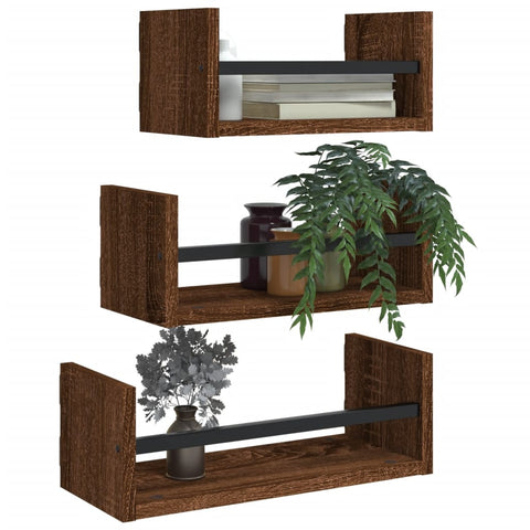 vidaXL 3 Piece Wall Shelf Set with Bars Brown Oak Engineered wood