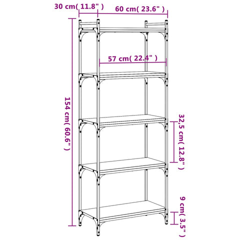 vidaXL Bookcase 5-Tier Grey Sonoma 60x30x154 cm Engineered Wood