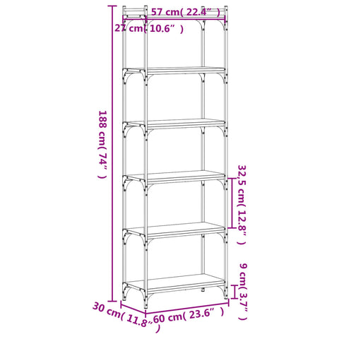 vidaXL Bookcase 6-Tier Grey Sonoma 60x30x188 cm Engineered Wood
