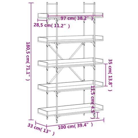 vidaXL Bookcase 5-Tier Grey Sonoma 100x33x180.5 cm Engineered Wood