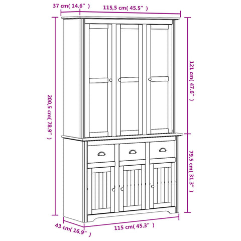 vidaXL Highborad "BODO" White 115.5x43x200.5 cm Solid Wood Pine